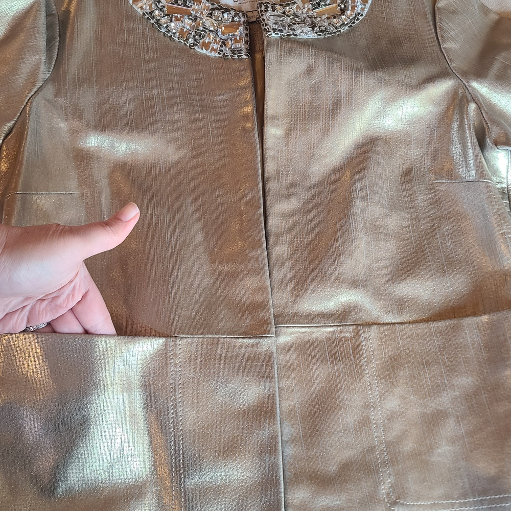 Chicos 1 Champagne Gold Leather Jacket 25th Anniversary Jeweled Collar Size M - Picture 4 of 16